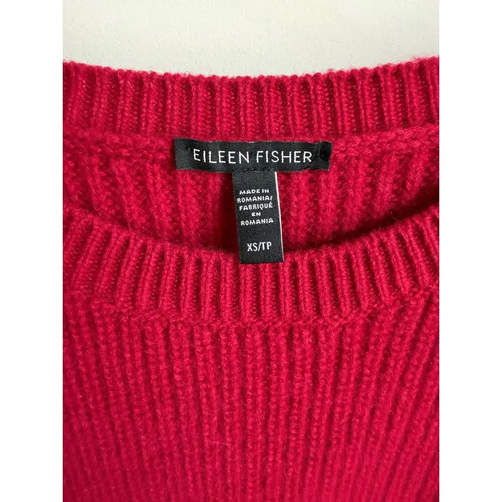 Eileen Fisher Cashmere/Wool Ribbed Textured Crew Neck Hi-Lo Sweater Red XS